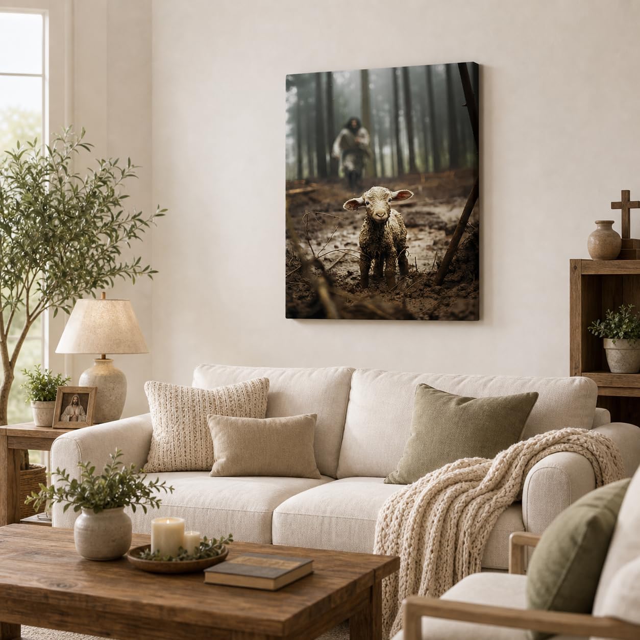 Jesus with Lamb Christian Canvas Wall Art, Religious Print, 11x14 Inch | Lost lamb faith artwork, gallery wrapped ready to hang, fade-resistant decor for living room, prayer room and church