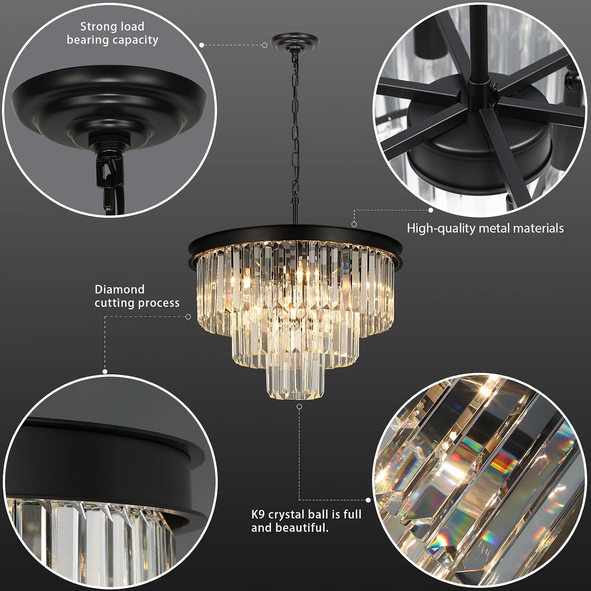 Weesalife Black Crystal Chandeliers for Dining Room๏ผ9-Lights D20 Inch