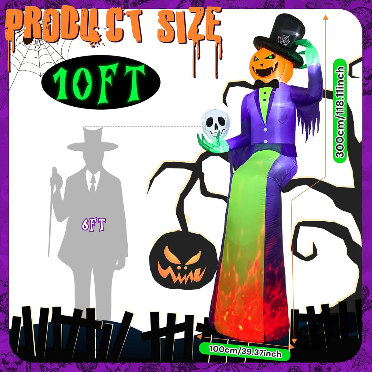 10FT Sitting Halloween Inflatable Pumpkin with Flame Light for Roof Decor