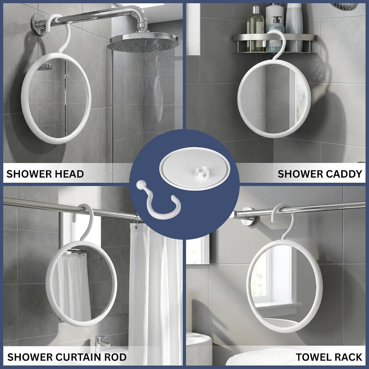 Hangable Round Fogless Shower Shaving Mirror, 6.7" Diameter | Anti Fog Shatterproof Mirror with 360° Swivel Rotatable Hook for Hanging; Hangs on Showerhead, Towel Rack, Caddies, or Rods