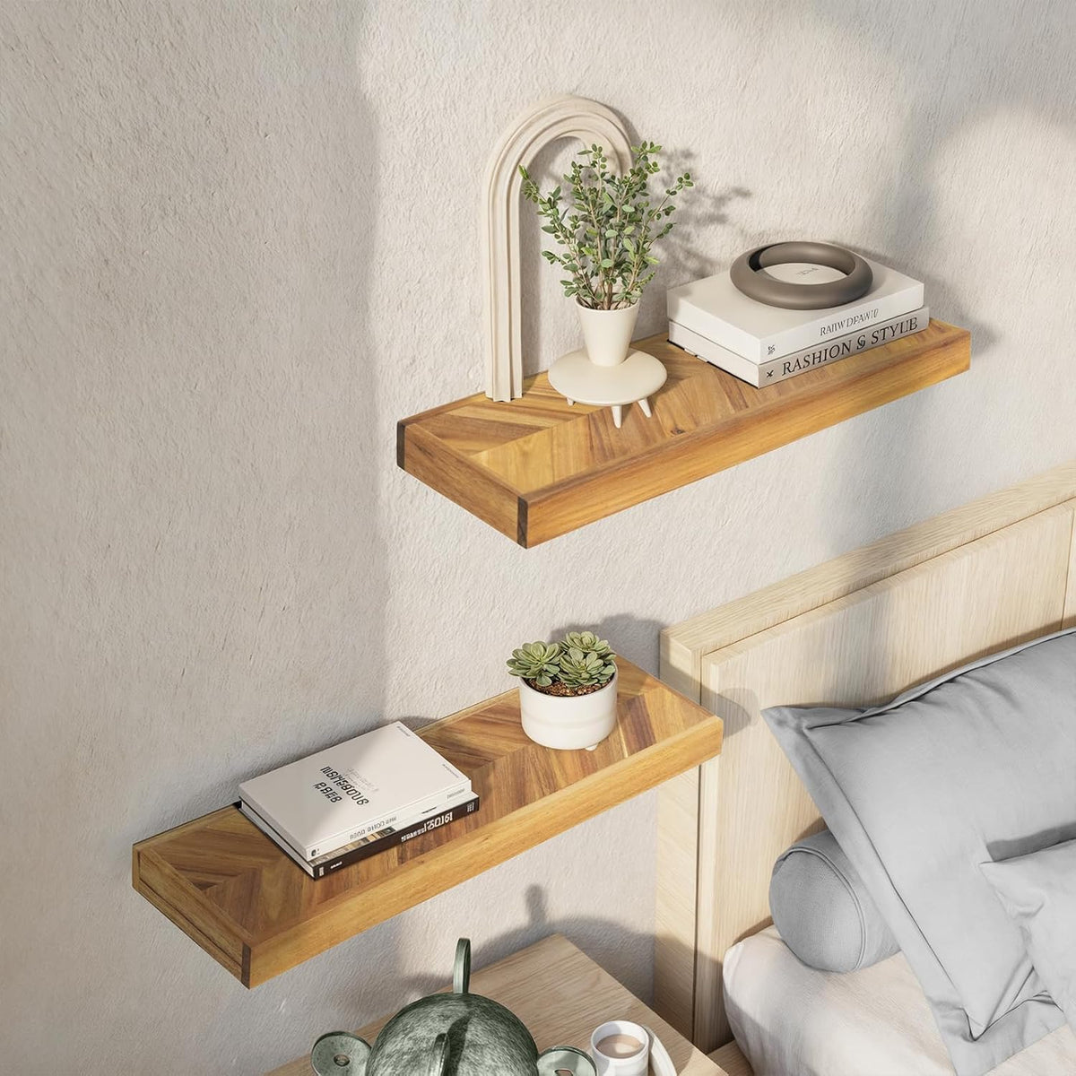 Howizz 36" Acacia Chevron Floating Shelves Set of 2 - Wall Mounted Woode...