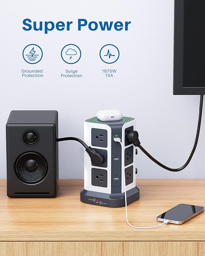 KOOSLA Power Strip Tower, Wireless Charger Surge Protector - Image 6