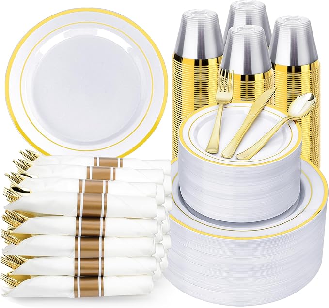 BESTVIP 700PCS Gold Plastic Dinnerware Set for 100 Guests, Disposable Plates ...