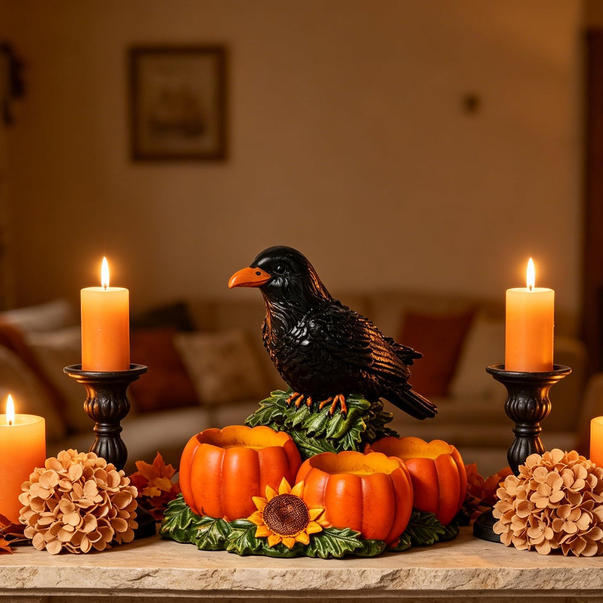 Halloween Raven Candle Holder with 3 Pumpkin Tealight Holders