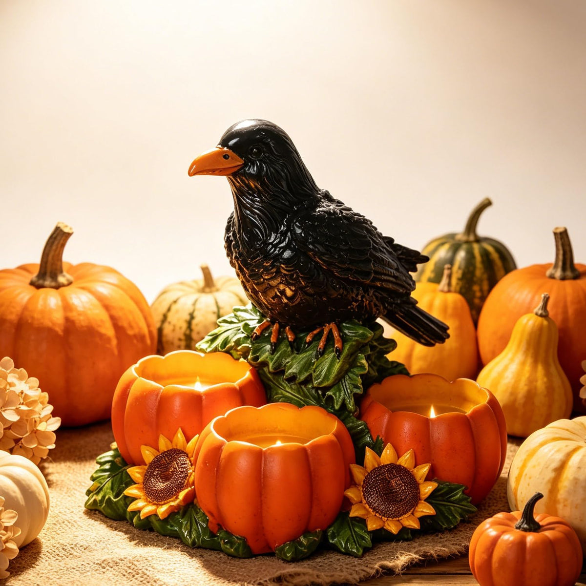 Halloween Raven Candle Holder with 3 Pumpkin Tealight Holders