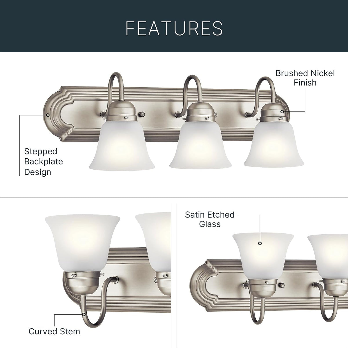 Kichler 3-Light Bathroom Vanity Light, Brushed Nickel