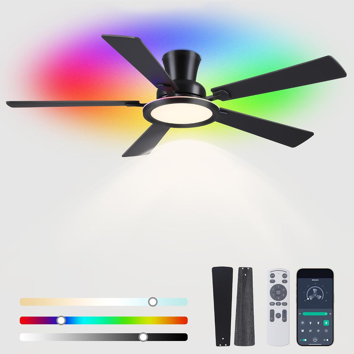 Ayaoty Ceiling Fans with Lights - 52in Flush Mount Ceiling Fan with RGB Dimma...