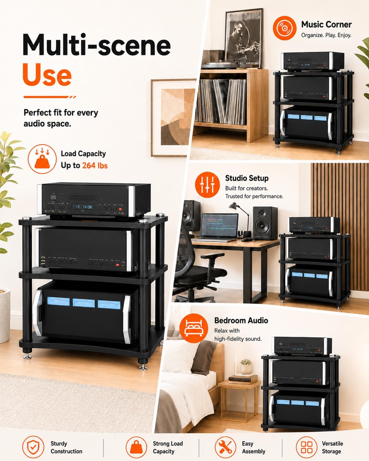 Heavy Duty 3-Tier AV Media Stand, 264 lb Load Capacity, Black