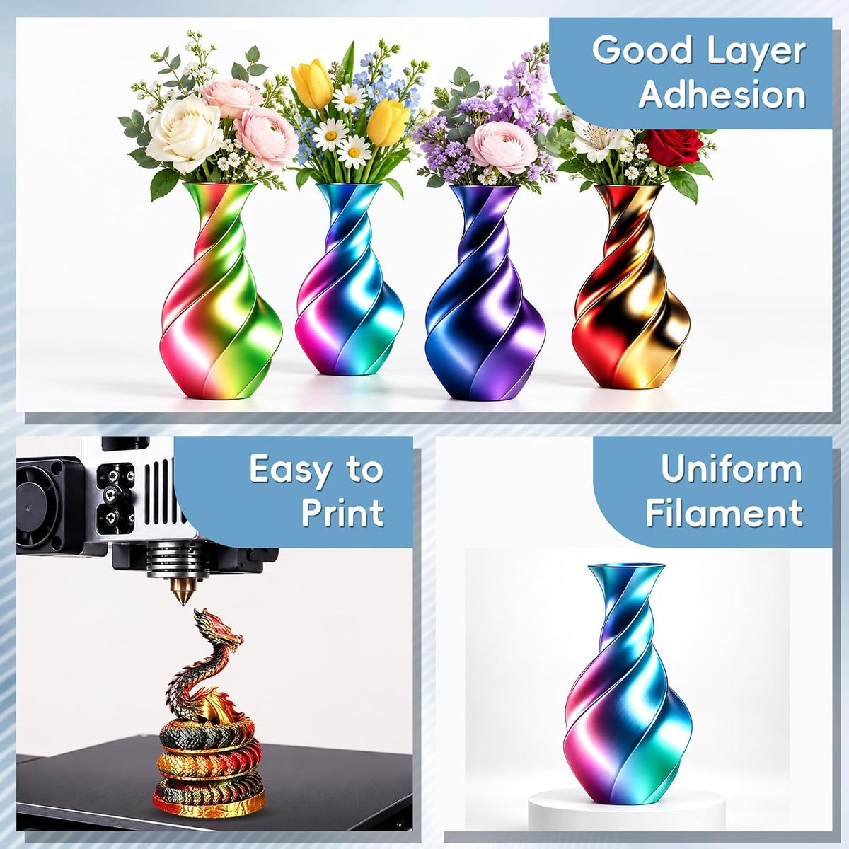 UGUESS Silk PLA+ 3D Printer Filament Bundle, 1.75mm Shiny Silk PLA+, 250g×8