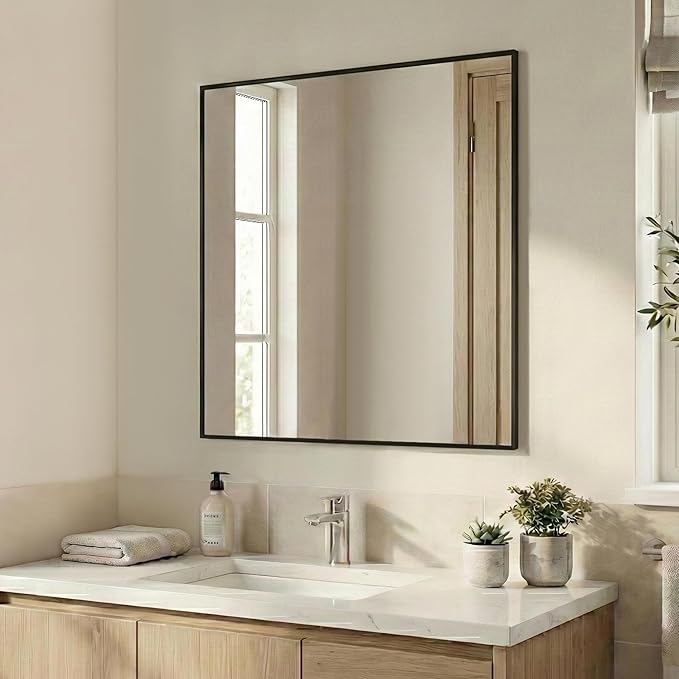 36''x36'' Large Black Square Mirror, Matte Metal Framed Bathroom Vanity Mirror - Image 9