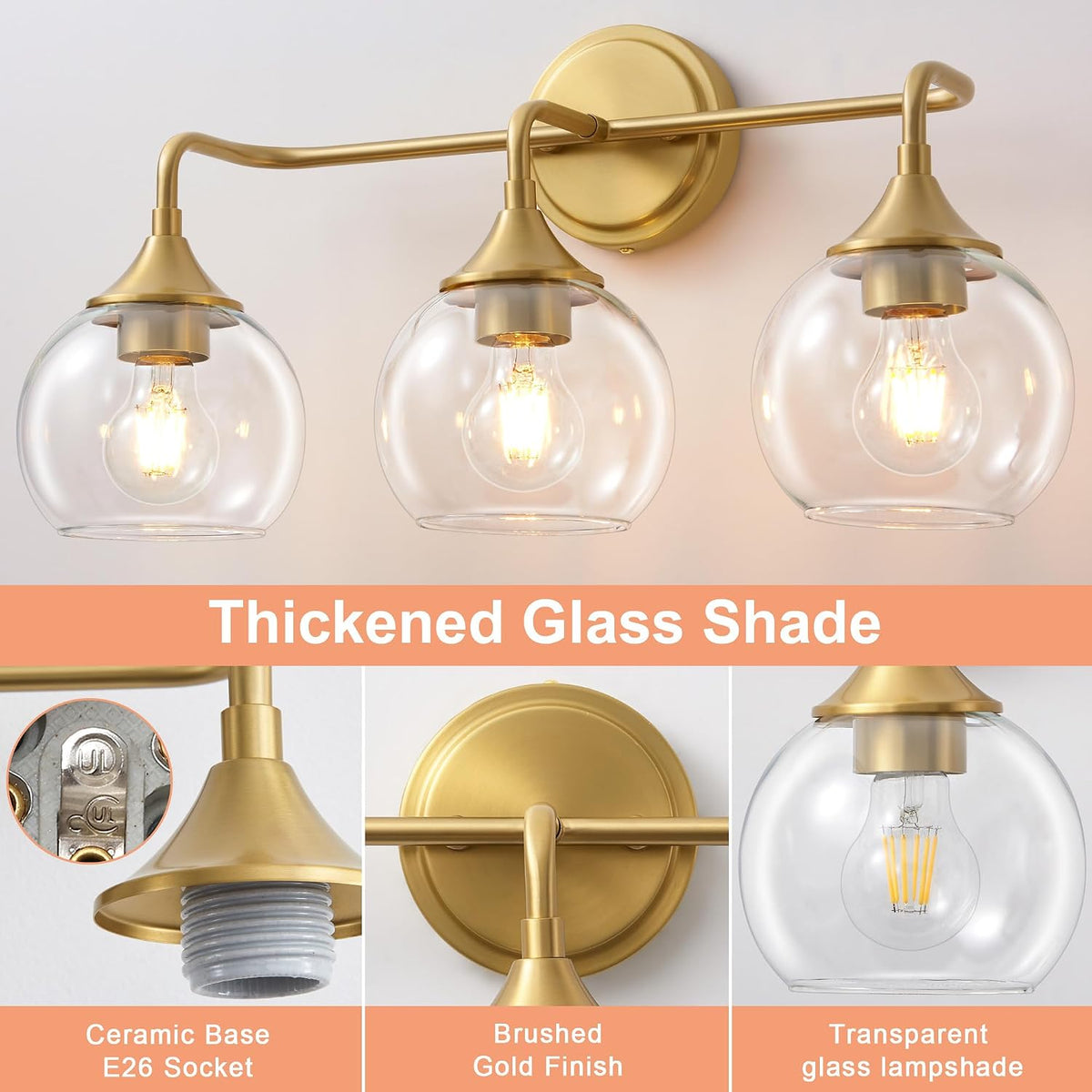 Gold Bathroom Light Fixtures 3-Light Farmhouse Vanity Light 22"