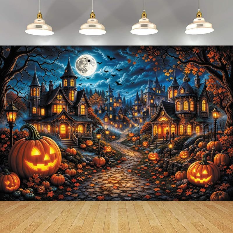 Halloween Spooky Haunted House Backdrop 10x8ft, Full Moon Pumpkin Village Cas...