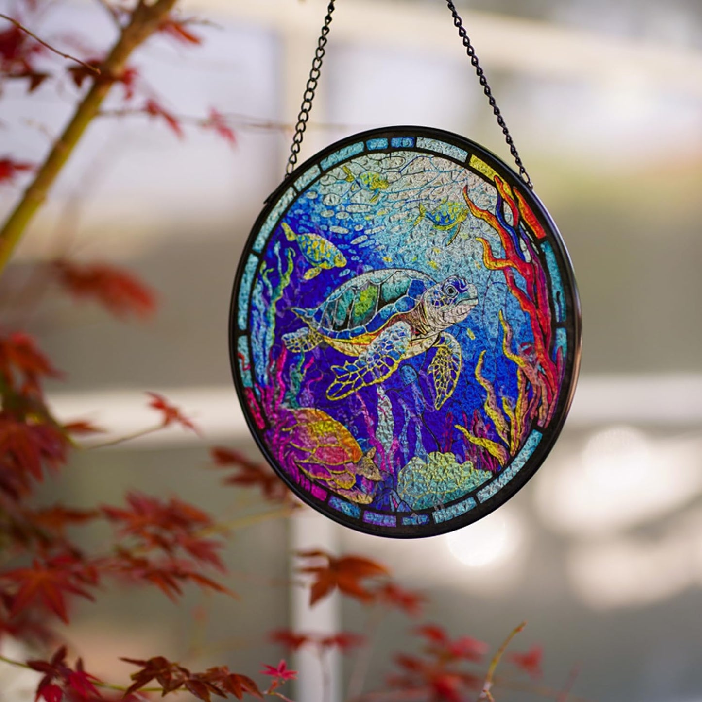 Hanging Stained Glass for Windows,20cm/7.87 inch Turtle Hand-Painted Glass Panel Window Hanging Suncatchers Christmas Ornaments Home Courtyard Decor,Housewarming Gift (Style B)