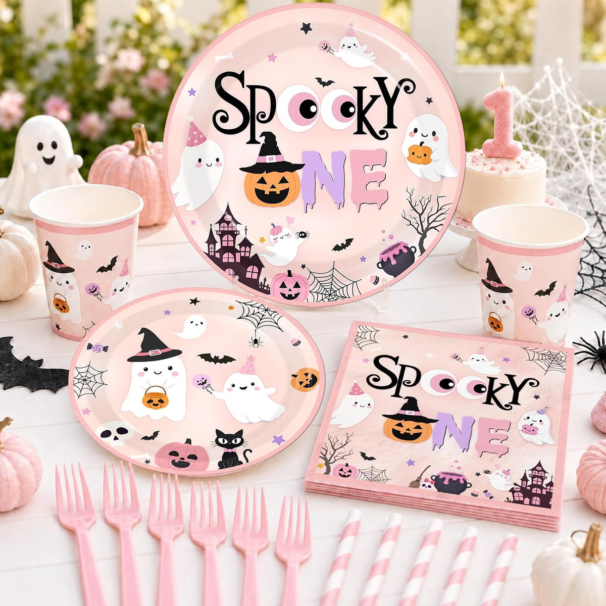 Spooky One Birthday Decorations Girl, 276 Pcs Pink Halloween 1st Birthday Par...