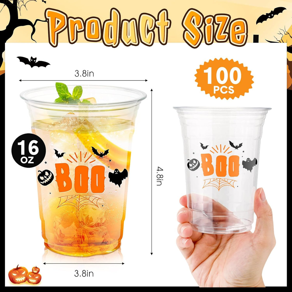 100 Pcs Halloween Plastic Cups Bulk 16 oz Disposable Clear Boo