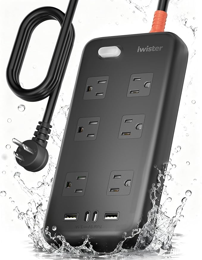Iwister Outdoor Power Strip Weatherproof IPX6, 6 Ft Extension Cord, 4 USB Ports