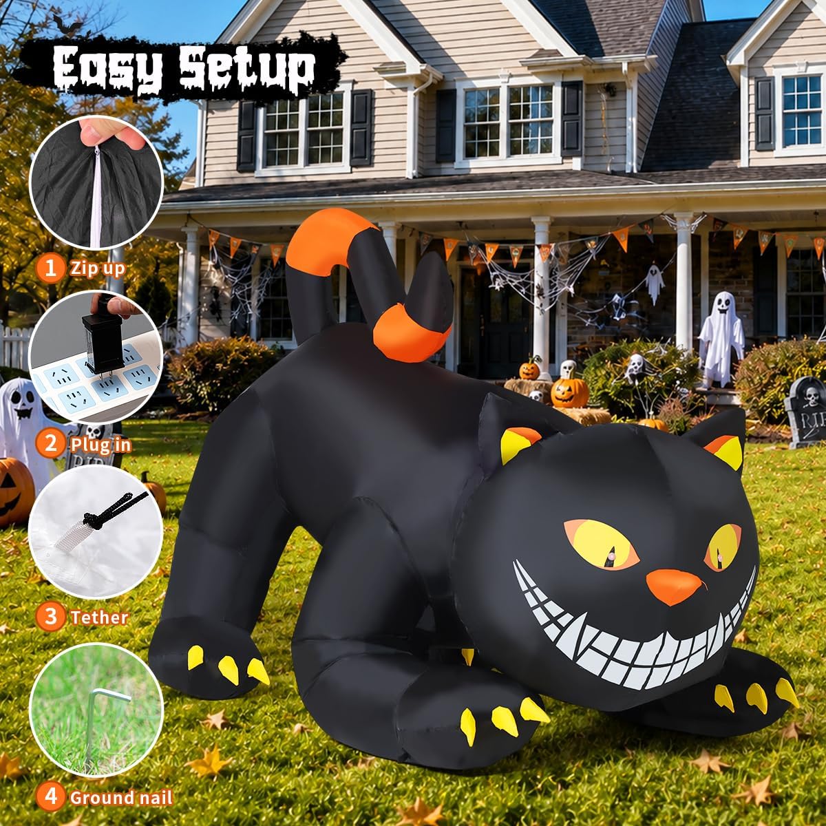 GOOSH 6 FT Halloween Inflatables Outdoor Black Cat with Shakable Head, Blow U...