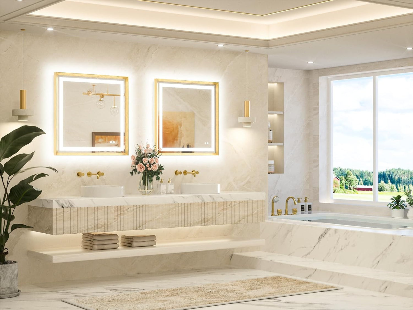 Led Bathroom Mirror 30 x 30 with Brushed Gold Frame Anti-Fog Frontlit & Backlit Vanity Mirror Stepless Dimmable Lighted Mirrors for Bathroom Wall 3 Colors White/Warm/Natural Wall-Mounted