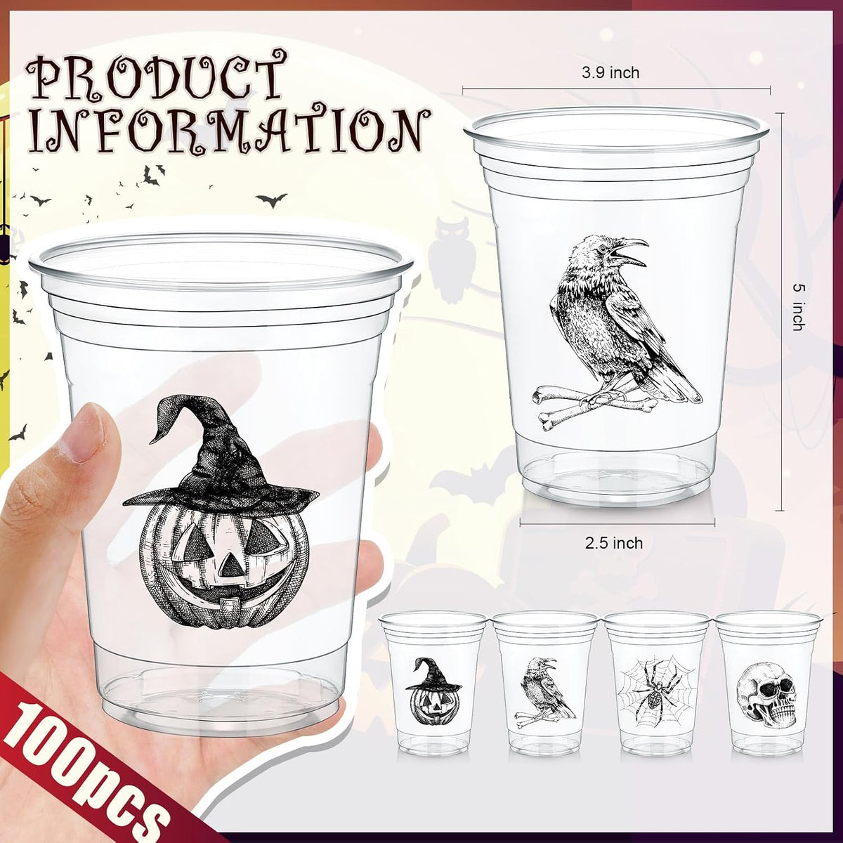 Teenyyou 16 oz Halloween Plastic Cup, Disposable Party Cup, 100 Pcs, Skull