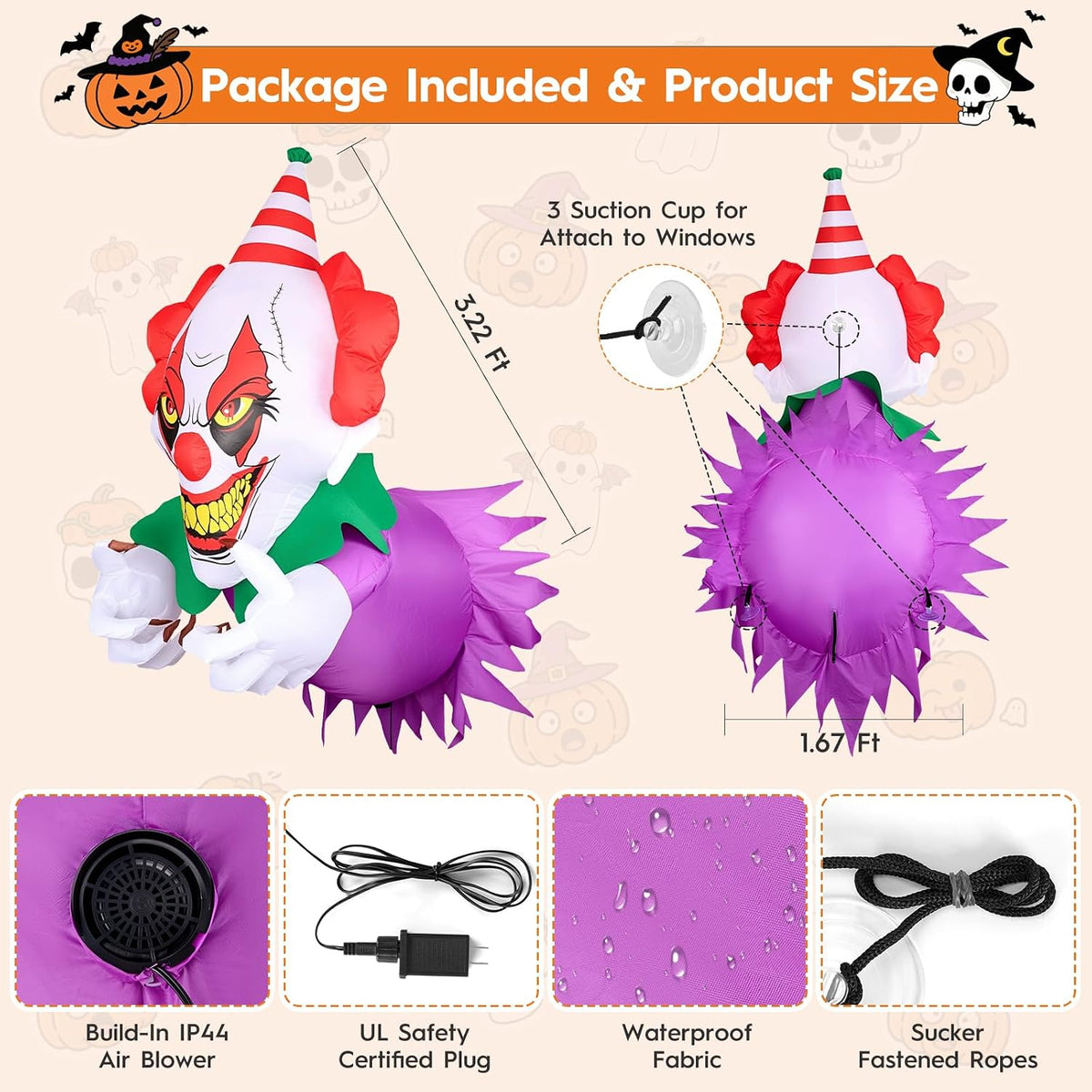 3.9 Ft Halloween Inflatables Scary Clown Broke Out from Window, Halloween Blo...