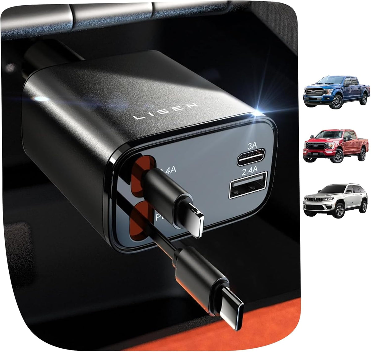 lisen retractable car charger 4 in 1 for, main product view