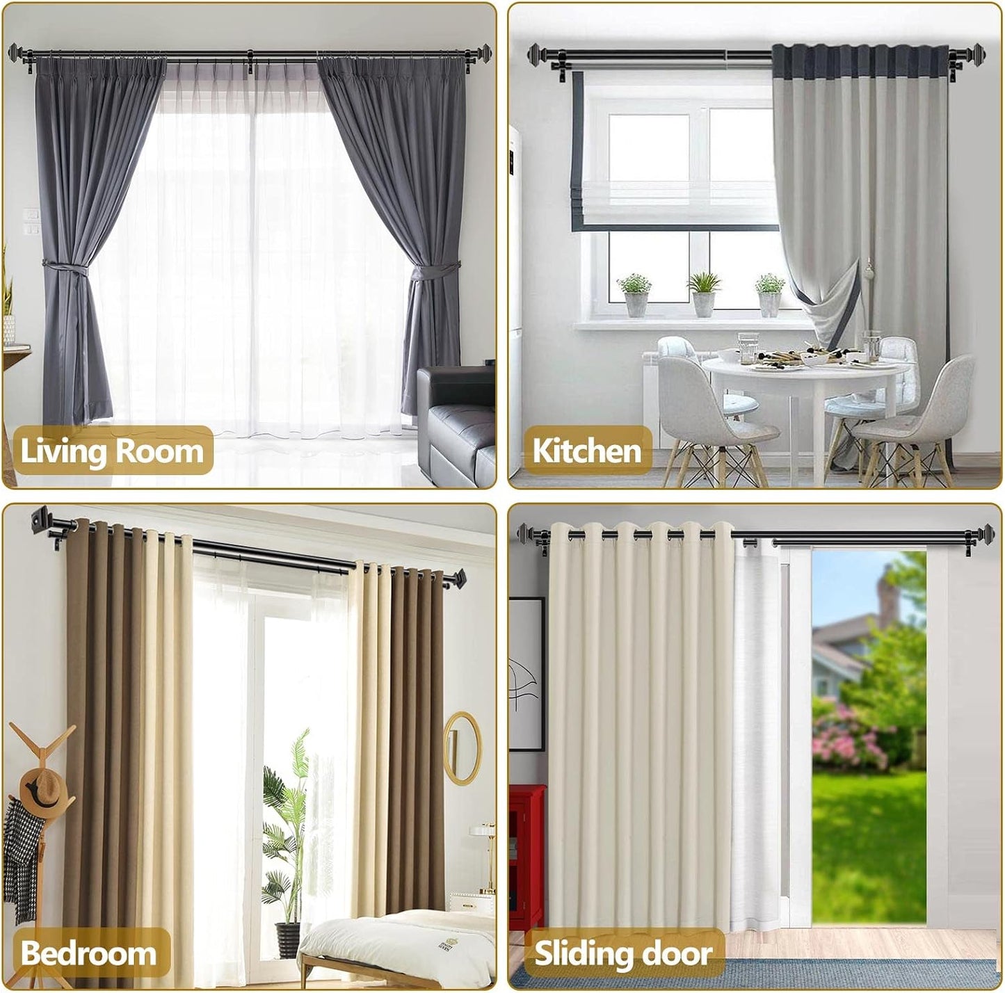 KAMANINA Double Curtain Rods for Windows 72-144 Inches Black Heavy Duty | 1 Inch Telescoping, 6-12 Feet Extra Long, Dual Curtain Rod for Living Room, Sliding Glass Door, Square End