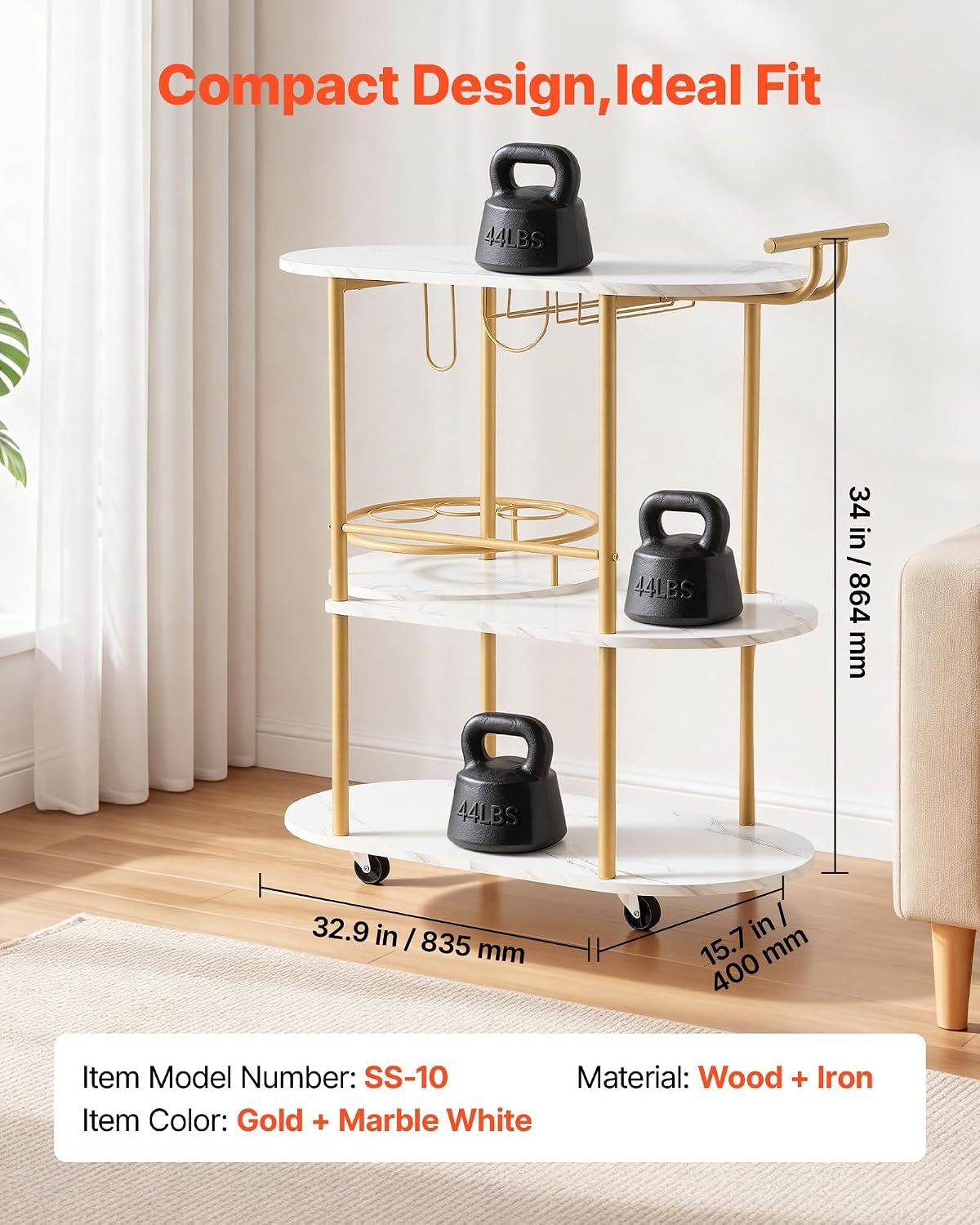 VEVOR Bar Cart, 3 Tiers Home Kitchen Serving Carts, Modern Round Rolling Util...