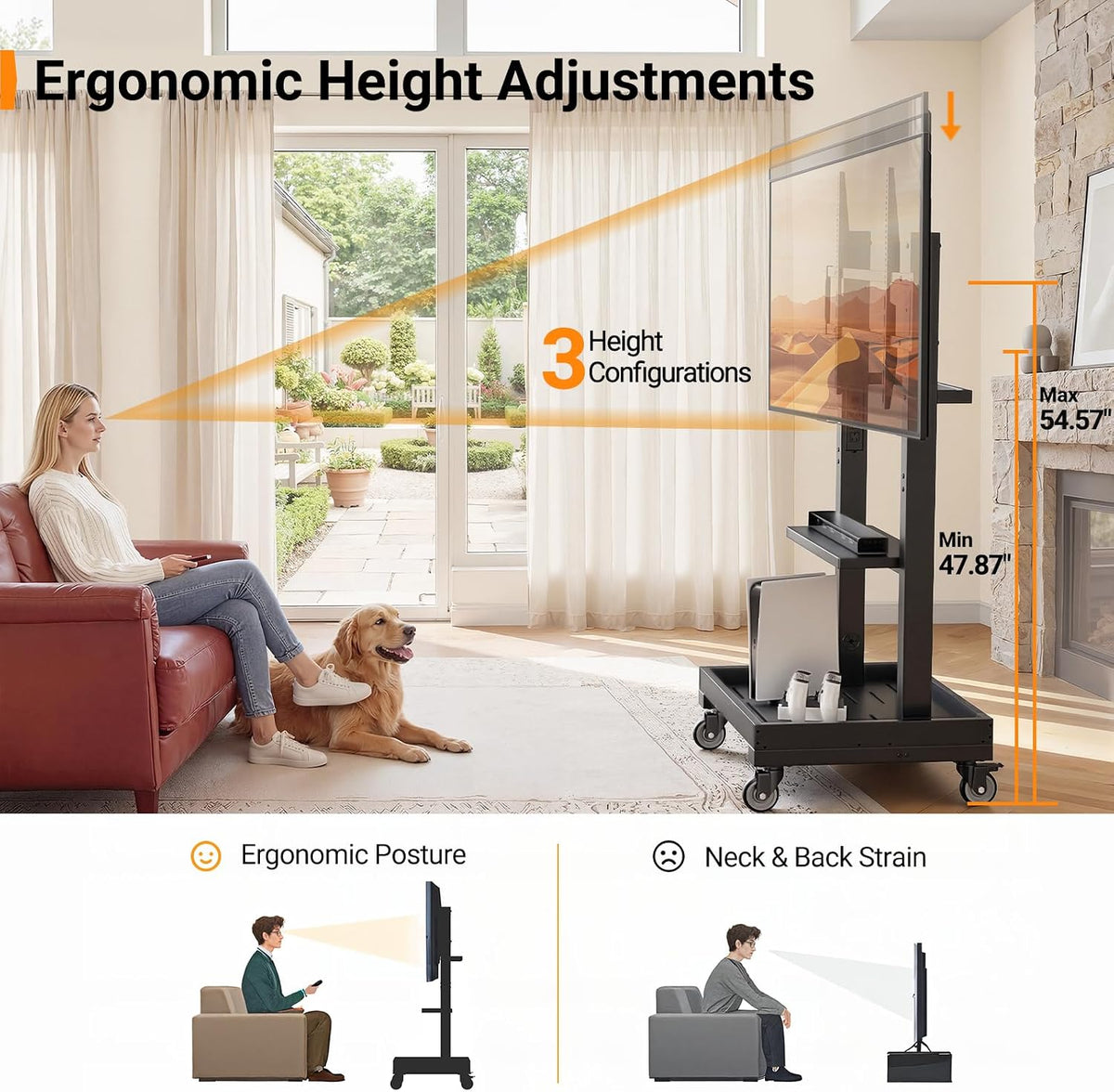 Perlegear Rolling TV Stand with Power Outlet for 32โ110 inch TVs, 250 lbs
