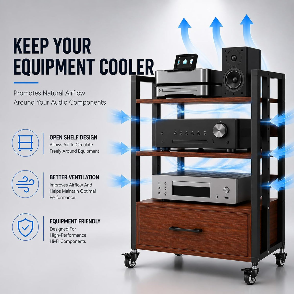 3-Tier Audio Rack with Wheels, AV Media Stand