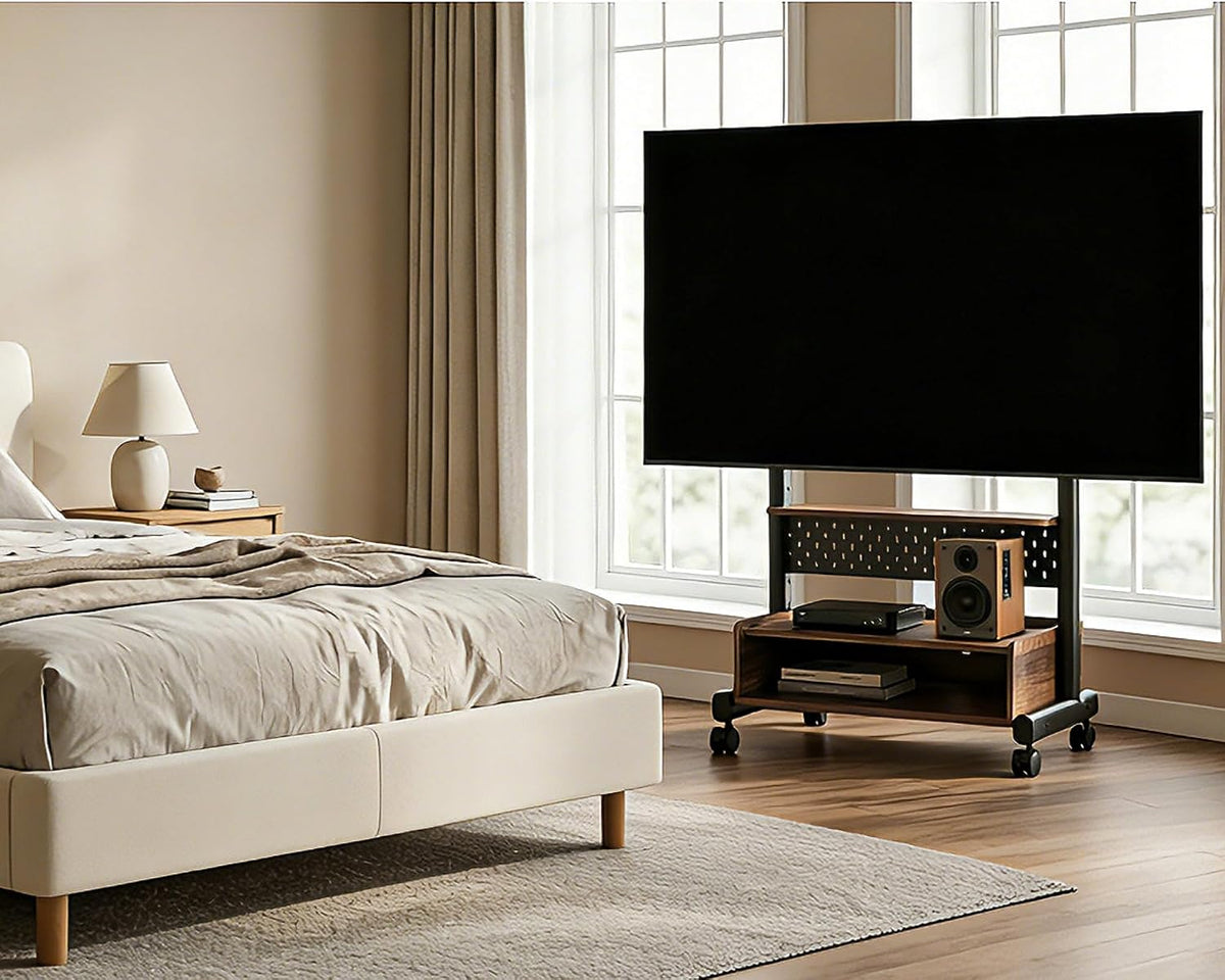 FITUEYES Rolling TV Floor Stand for 40-85in TVs, Height-Adjustable, Walnut