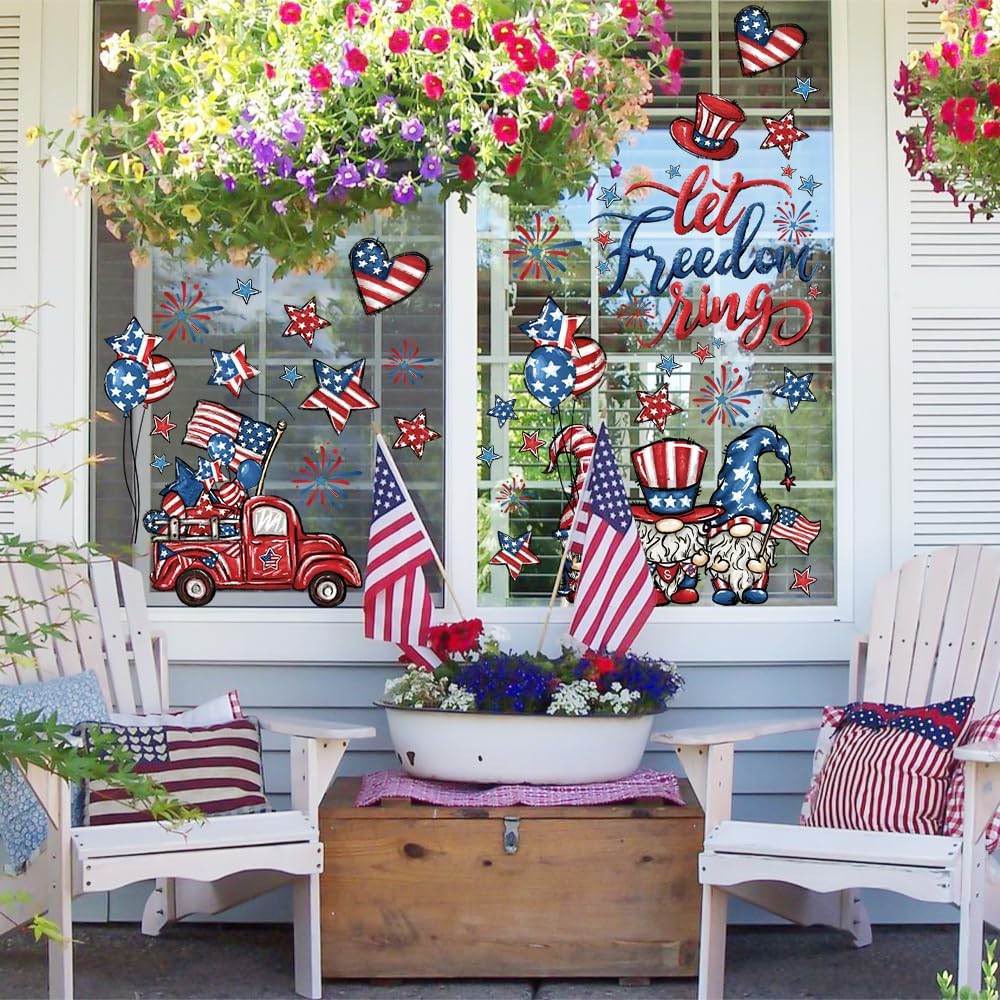 DIYDEC 6 Sheets Patriotic Window Clings Happy 4th of July Window Stickers Gnome Truck American Flags Stars Firework Decals Double-Sided for Independence Day Home Party Decoration