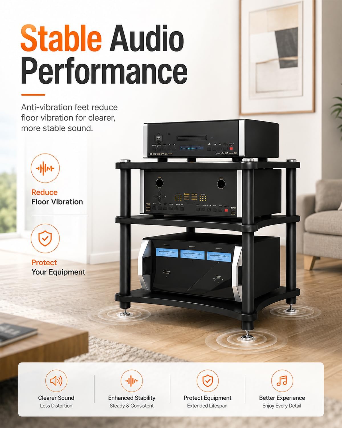Heavy Duty 3-Tier AV Media Stand, 264 lb Load Capacity, Black