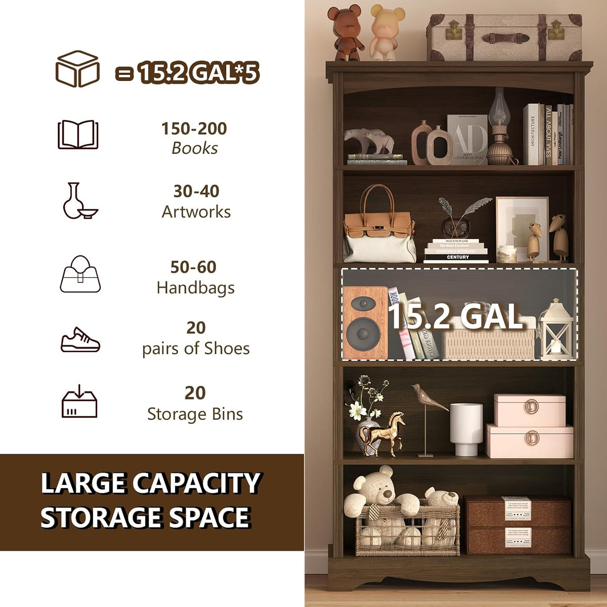 TVU 5-Tier Wooden Bookshelf, 31.5" W x 65" H ร9.9" D Bookshelf...