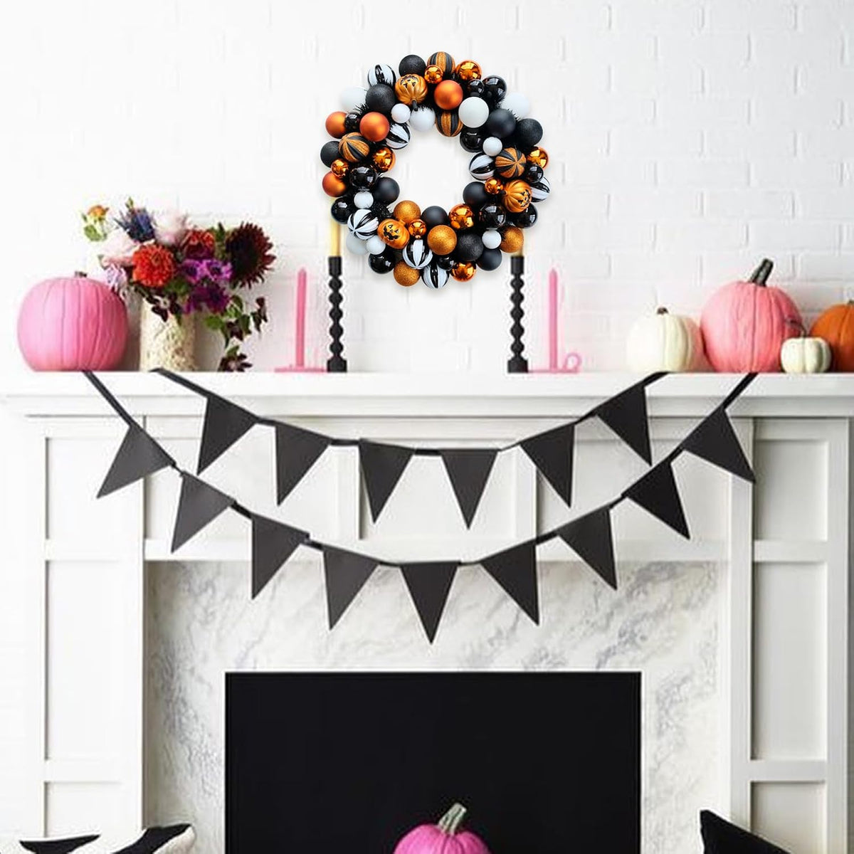 Happy Halloween Wreath for Front Door, 18โ Artificial Ball Wreaths Door Decor...