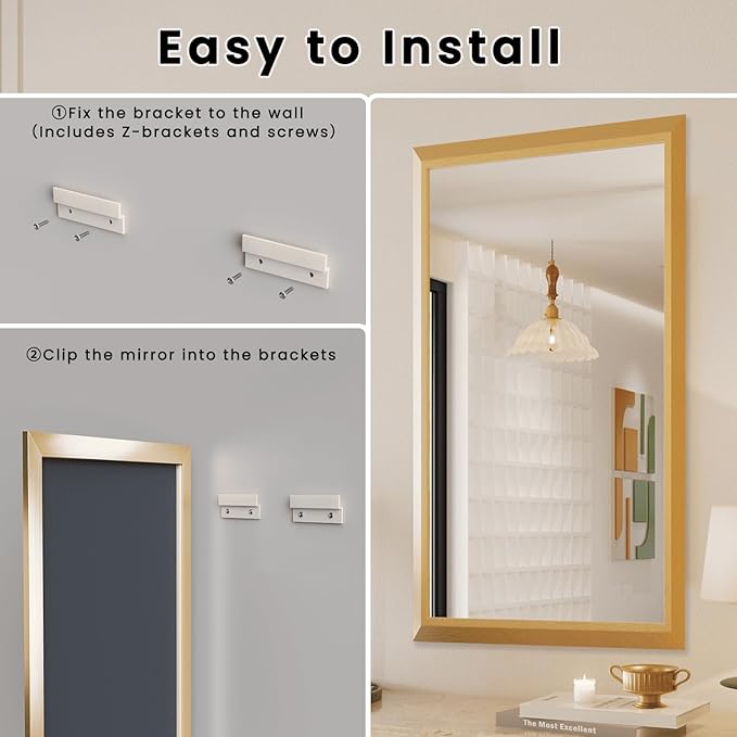 Amorho Bathroom Mirror, 60x36 Inch Golden Thick Metal Framed Wall Mirrors - Image 7