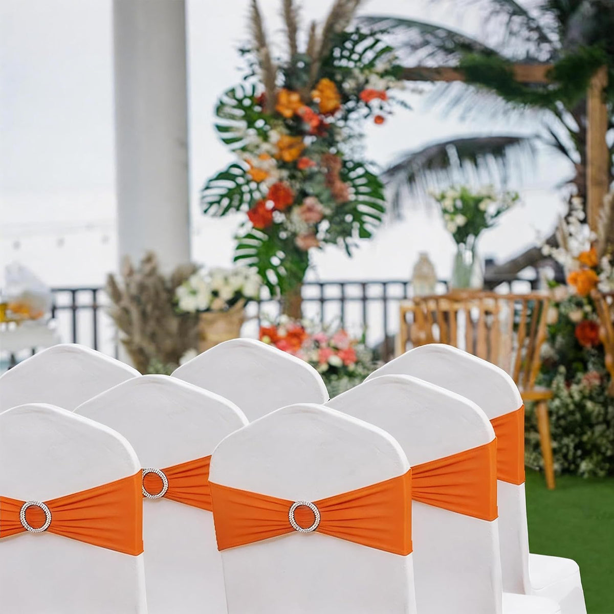 50 Pack Spandex Orange Chair Sashes for Wedding Stretch Chairs Bows Bands wit...