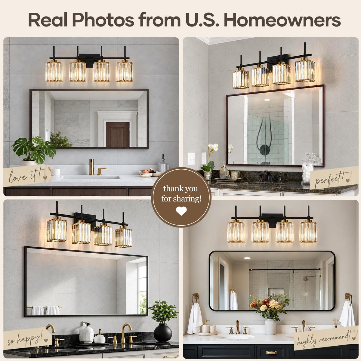 Torondo Modern Crystal Bathroom Vanity Light 4-Lights Gold Bathroom Light Fix...