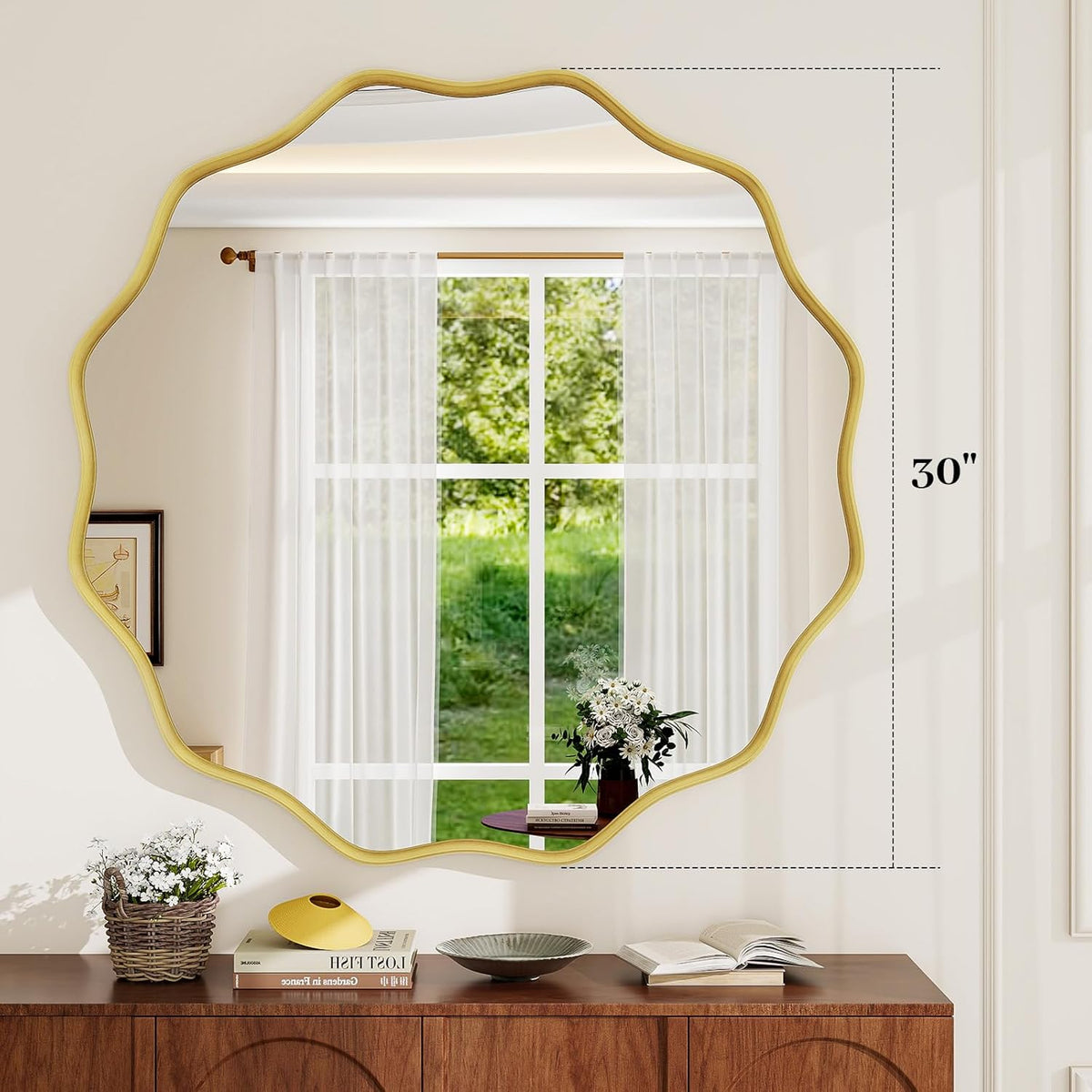 Wavy Round Mirror, 30" Scalloped Metal Frame Gold Circle Mirror | Wall Mounted for Bathroom, Vanity, Entryway, Hallway, Living Room