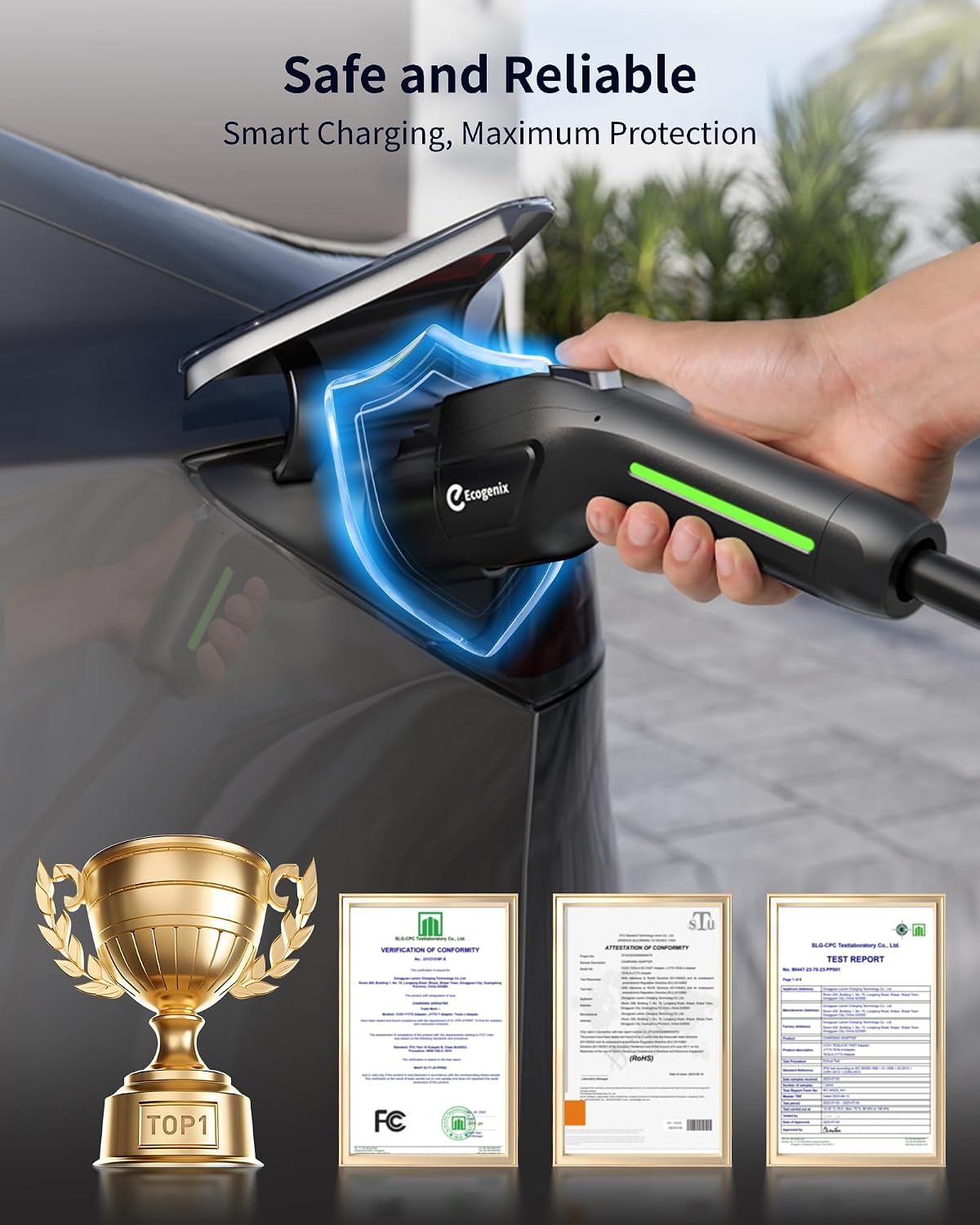 Ecogenix Level 1/2 EV Charger with Holder, 16A 25ft Cable Portable Mobile J17...