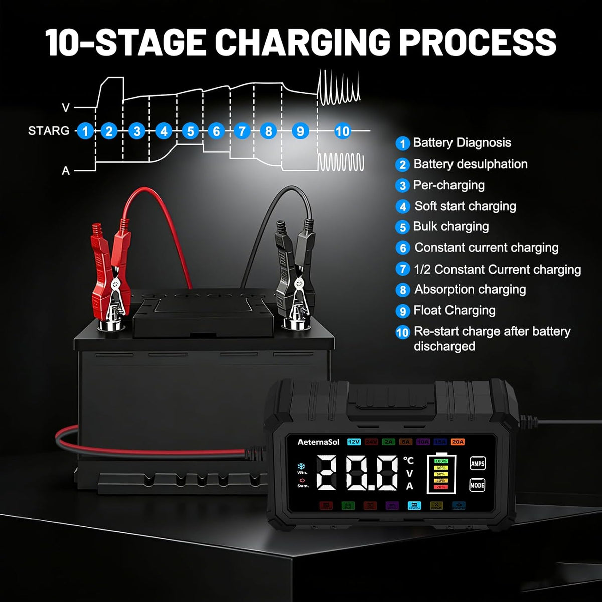 20A Smart Car Battery Charger, 12V/24V Trickle Charger Maintainer (Black)