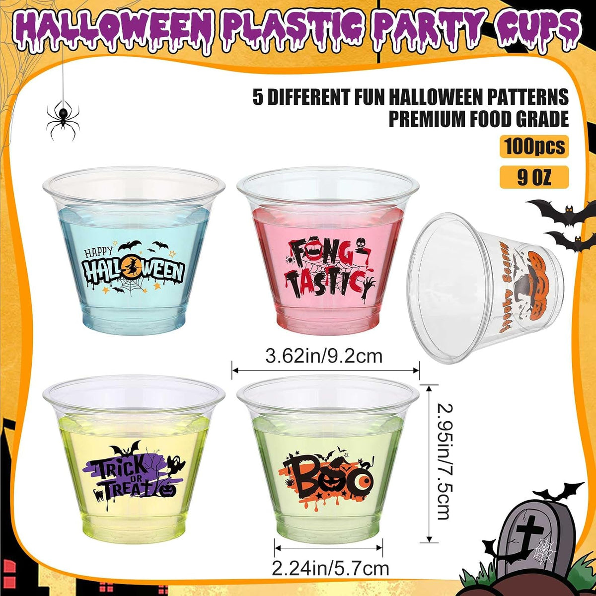 Uiifan 100 Pcs Halloween Party Cups Disposable Plastic Clear Bulk,9 oz