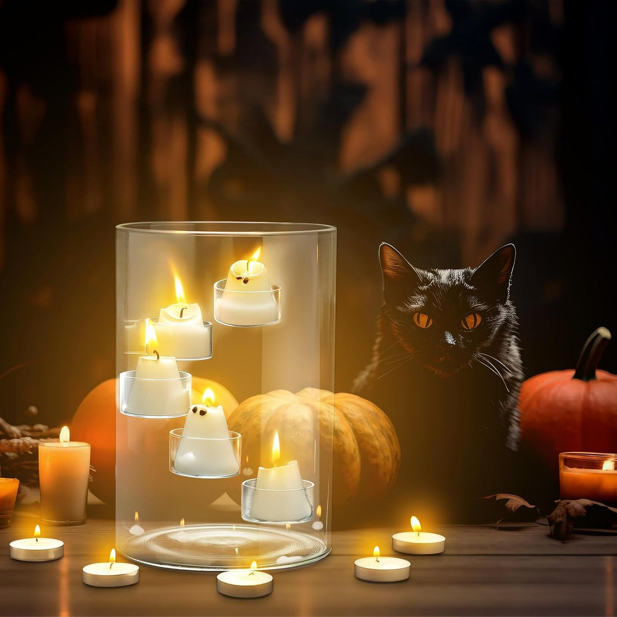 Reallnaive Halloween Glass Hurricane Candle Holder with Candles and Tea Light...