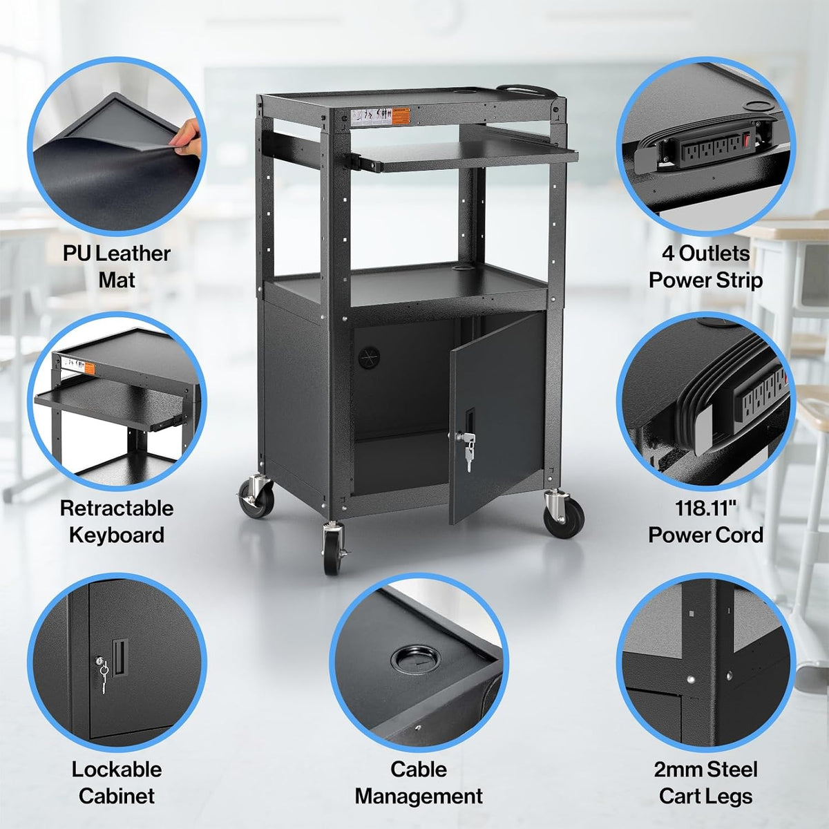 POCHAR Steel Large AV Cart with Locking Cabinet - Adjustable Height Media Car...