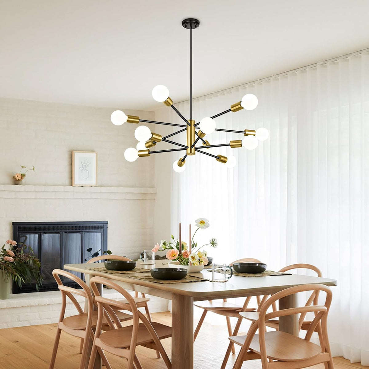 BesLowe 12 Light Modern Chandelier for Dining Room, Black and Gold