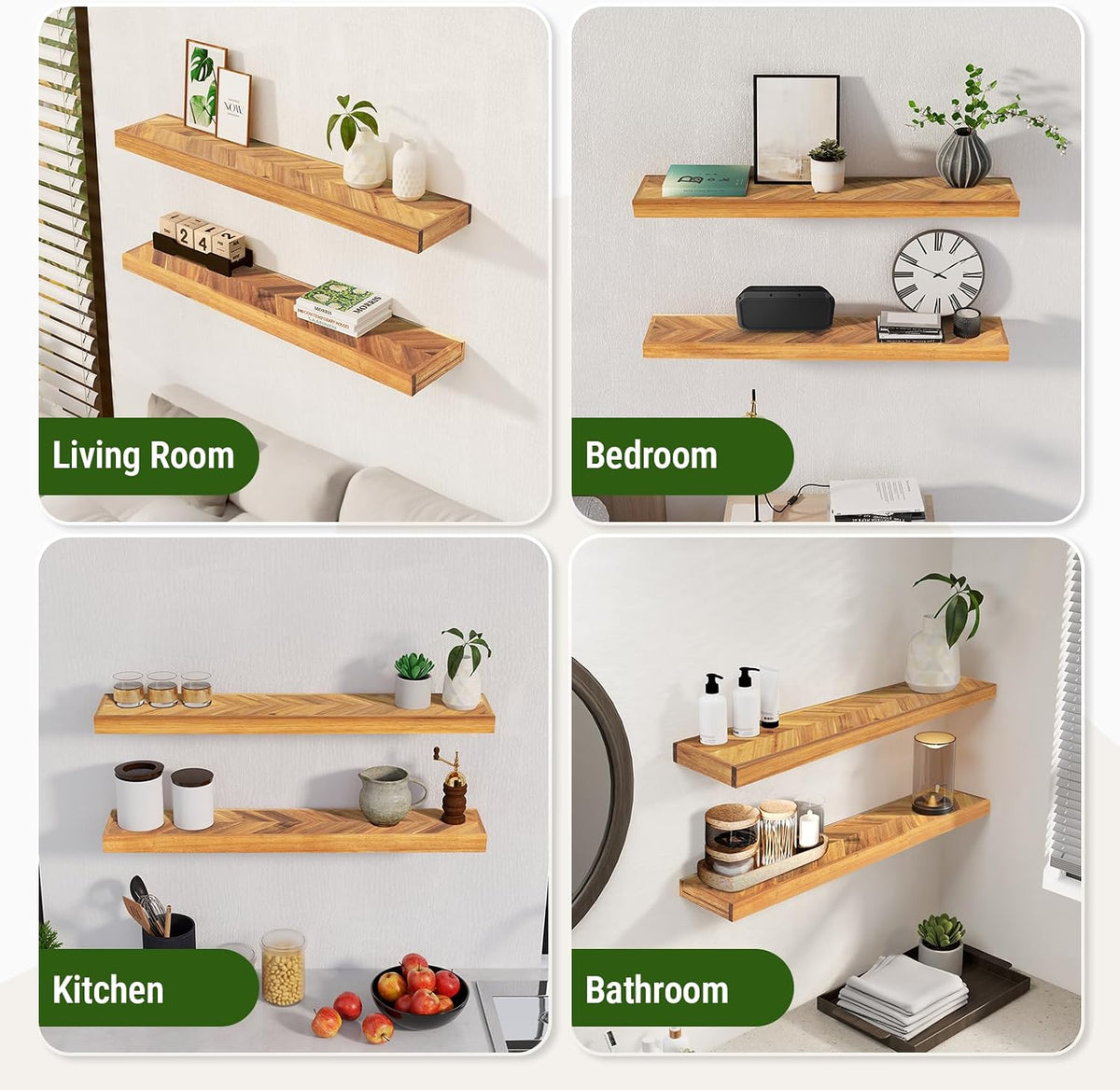 Howizz 36" Acacia Chevron Floating Shelves Set of 2 - Wall Mounted Woode...