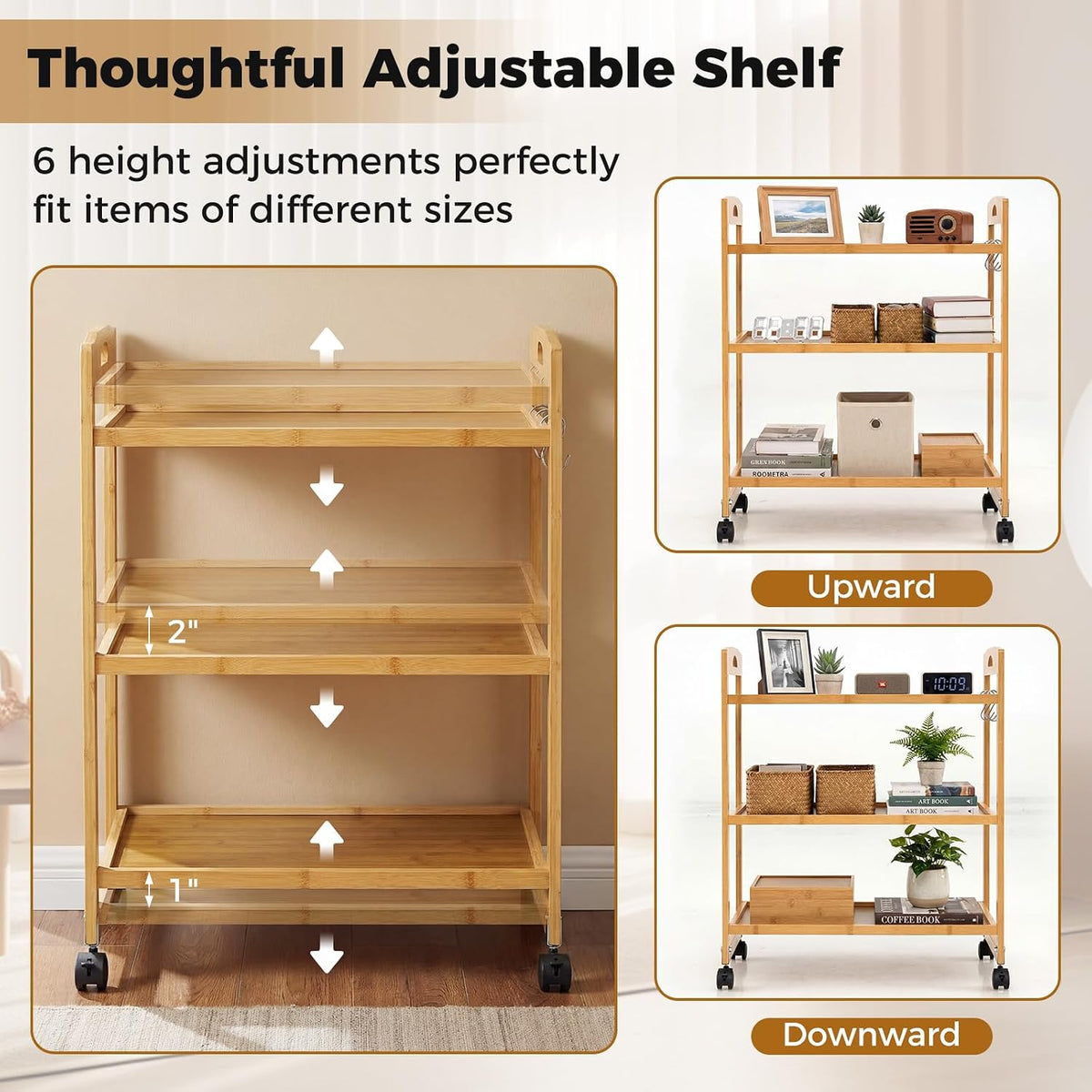 GIANTEX 3-Tier Rolling Storage Cart, Bamboo Utility Cart w/ 3 Side Hooks &...