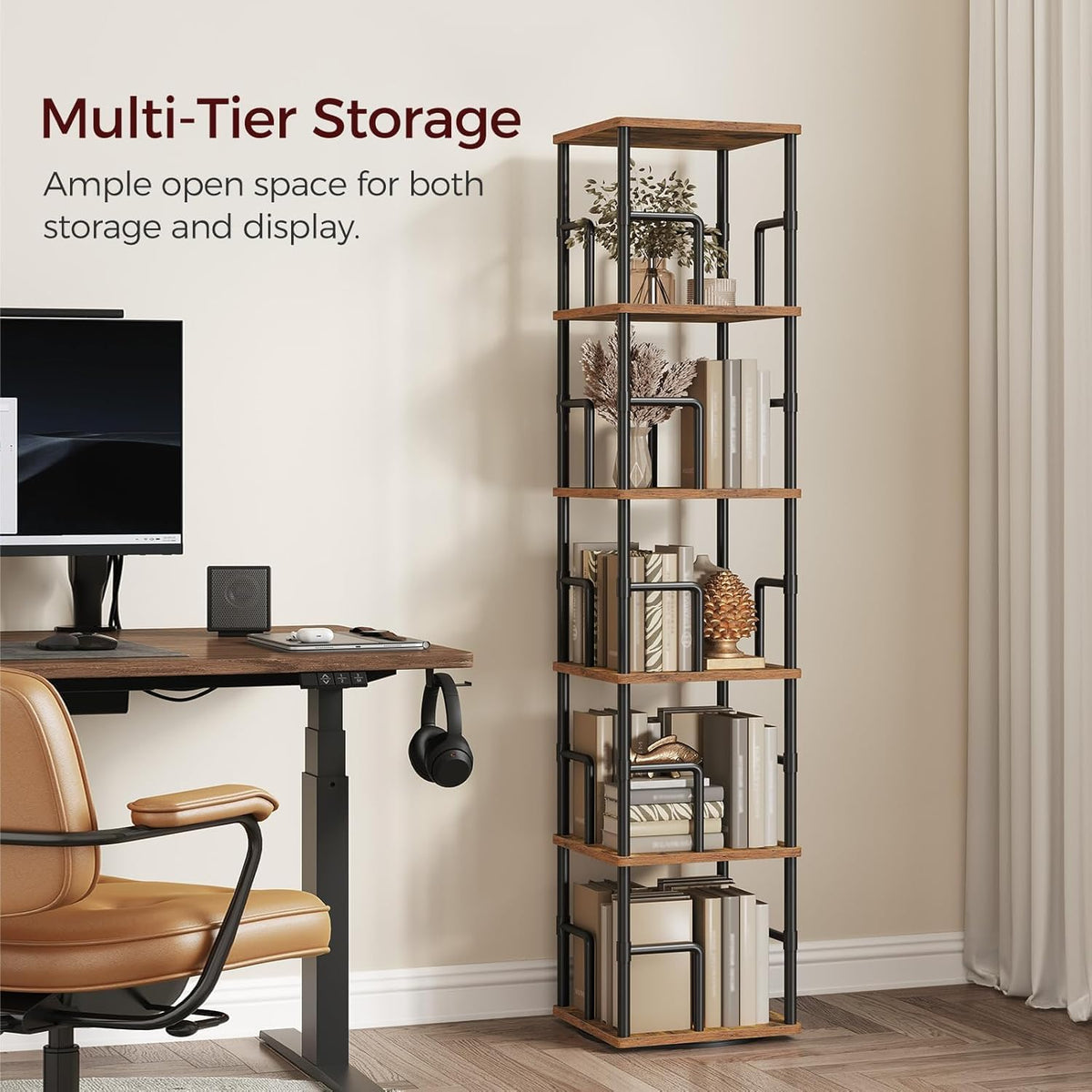 MAHANCRIS 5-Tier Rotating Bookshelf, Freestanding Corner Bookshelf, 360ยฐ Spin...