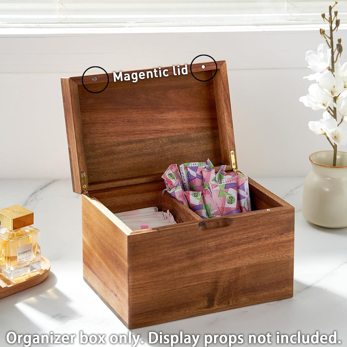 Acacia Wood Tampon Holder for Bathroom, Feminine Product Organizer with Hinge...