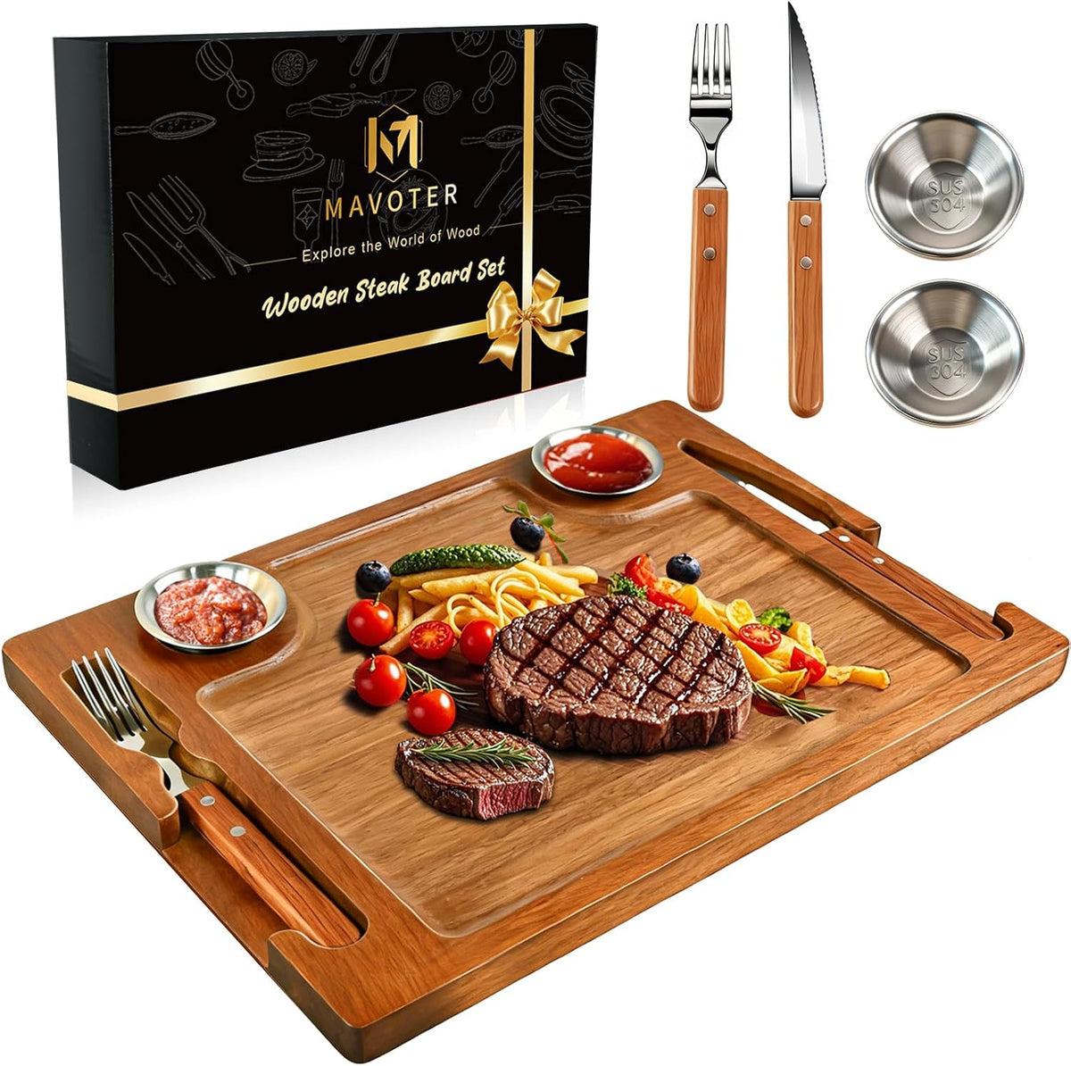 Acacia Wooden Steak Board Set Carnivore Cutting Board Plate for Eating