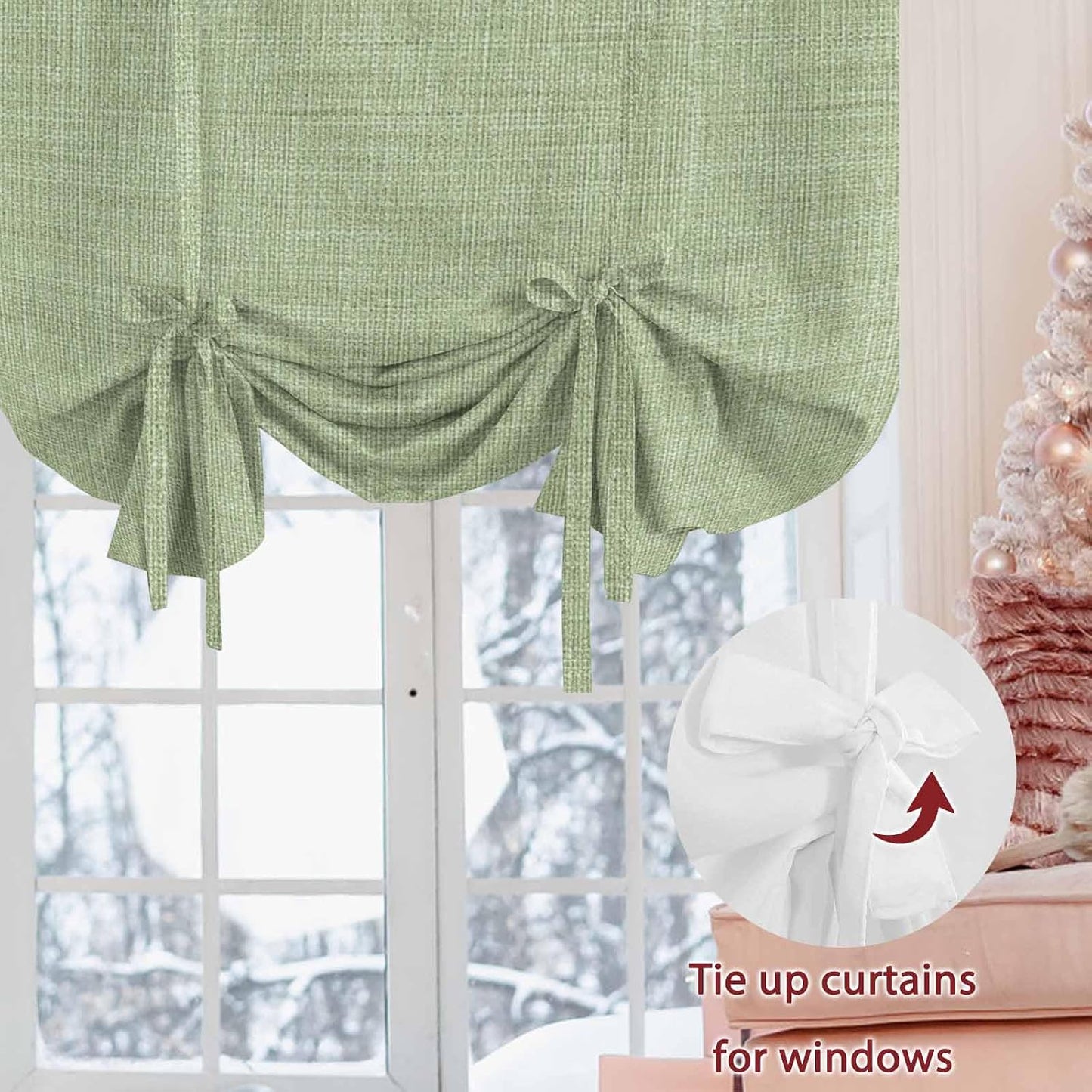 Vintage Sage Green Tie Up Curtains for Windows 54 Inch Length Balloon Curtains Kitchen Adjustable Balloon Window Shade Farmhouse Retro Beige Solid Color Tie Up Valance Bathroom Curtain Window 42"x54"